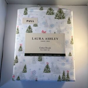 Laura Ashley WONDERLAND GREEN Cotton Percale Christmas Full Sheet Set Trees Bows